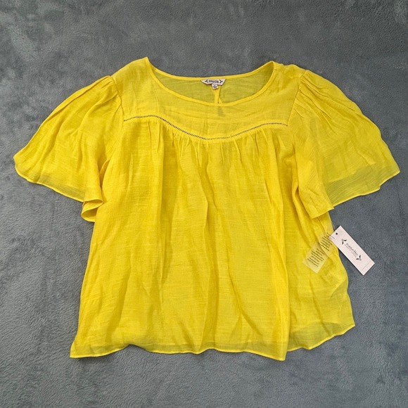 Nanette Lepore Tops - Nanette Lepore Yellow Flutter Sleeve Blouse XL NWT Ladder Stitch Boho Top